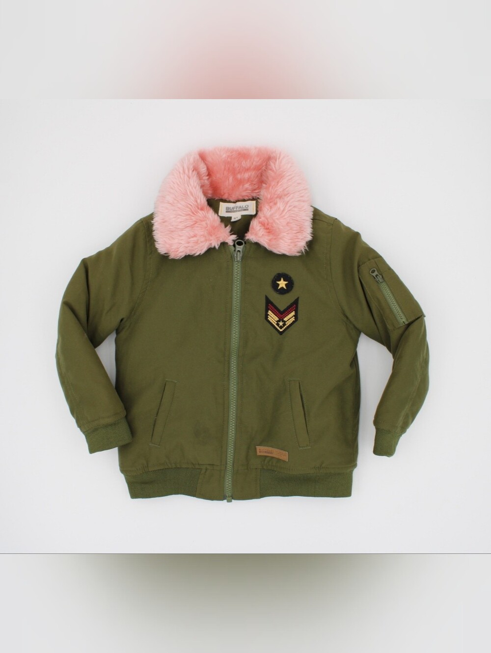 Buffalo David Bitton Girls Green Bomber Jacket Pink Fuzzy Collar 3T